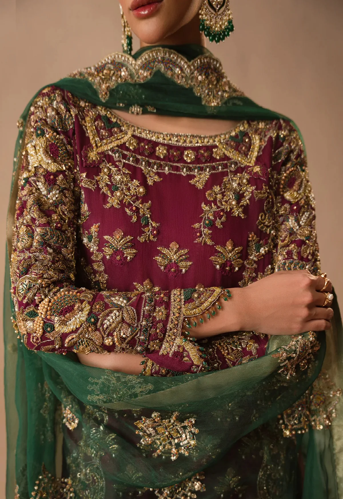 Abeera Usman Raw Silk Handwork Embroidered 3 Pcs Unstitched Burgundy Dusk - Image 3