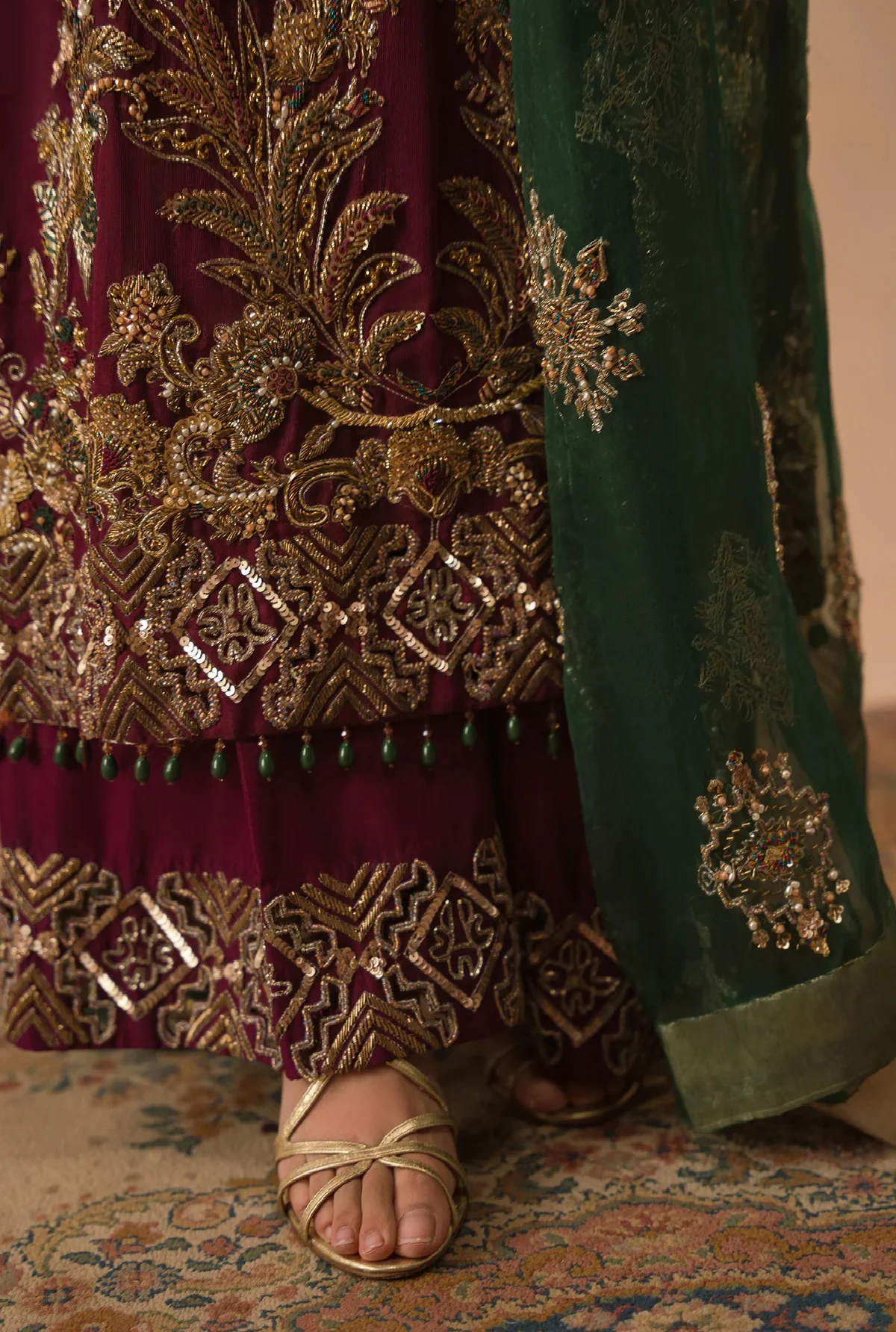 Abeera Usman Raw Silk Handwork Embroidered 3 Pcs Unstitched Burgundy Dusk - Image 6