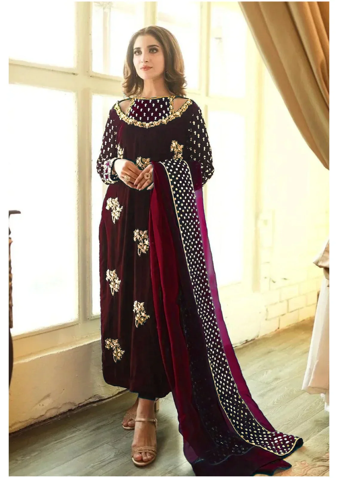 Afrozeh Luxury Formals Velvet Collection 3 Pieces Unstitched MAROON Gold - Image 3