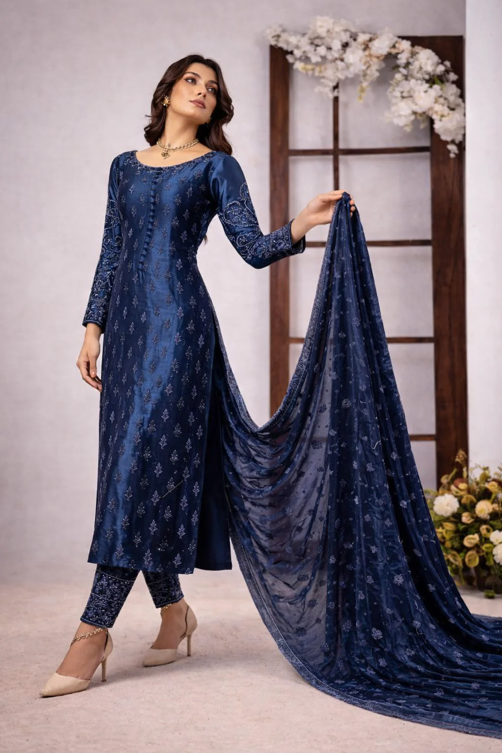 Ahmed Sultan Luxury Pure Raw Silk Unstitched 3 Piece Tangerine Teal Blue - Image 3