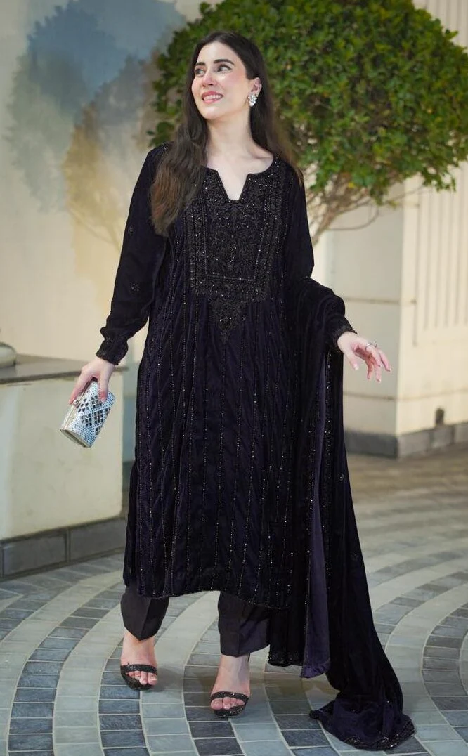 Aneela’s Deep Plum Sparkle Velvet 3 Pc Unstitched Collection