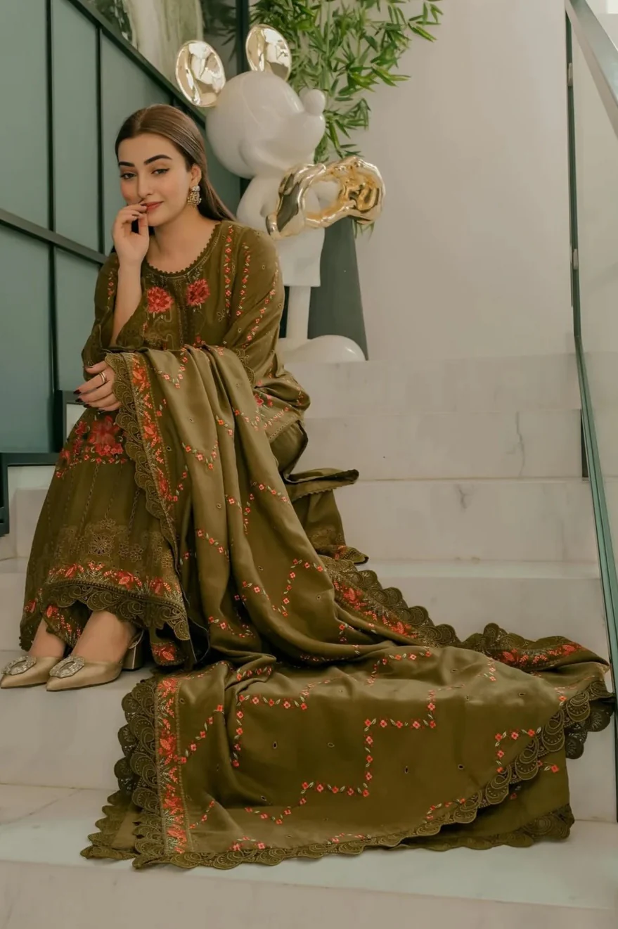 Aneelas - Luxury Lawn Embroidered 3 Piece Unstitched - Mustard - Image 2