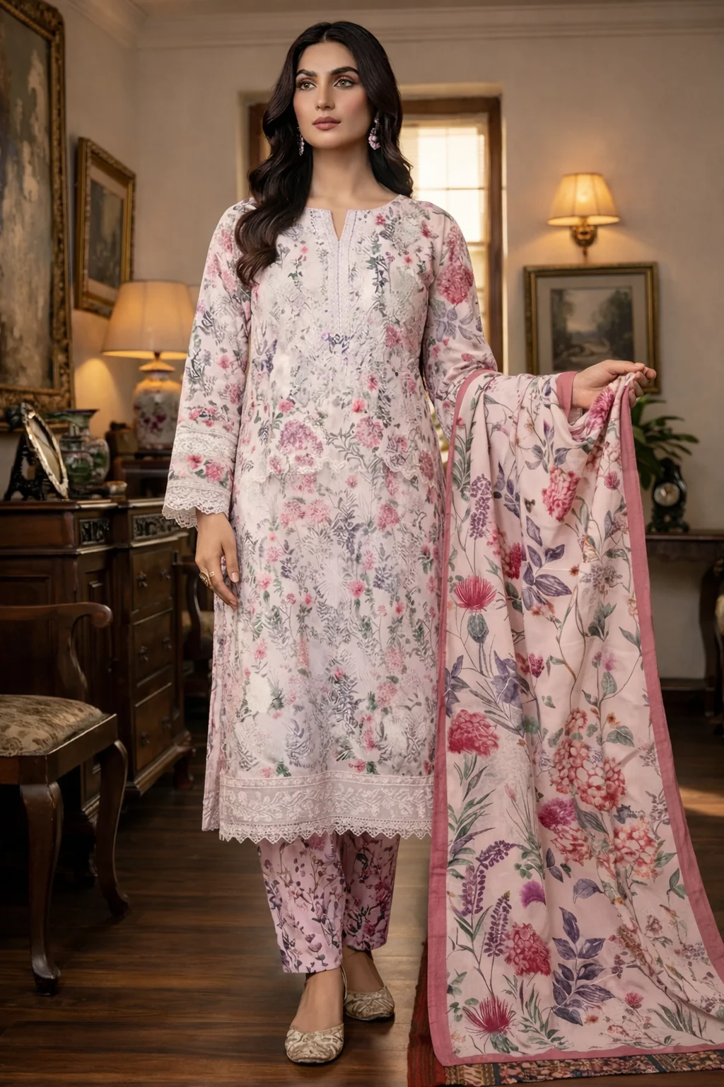 Aneelas Luxury Lawn Printed & Embroidered Unstitched Suit FLORA S-2 - Image 2