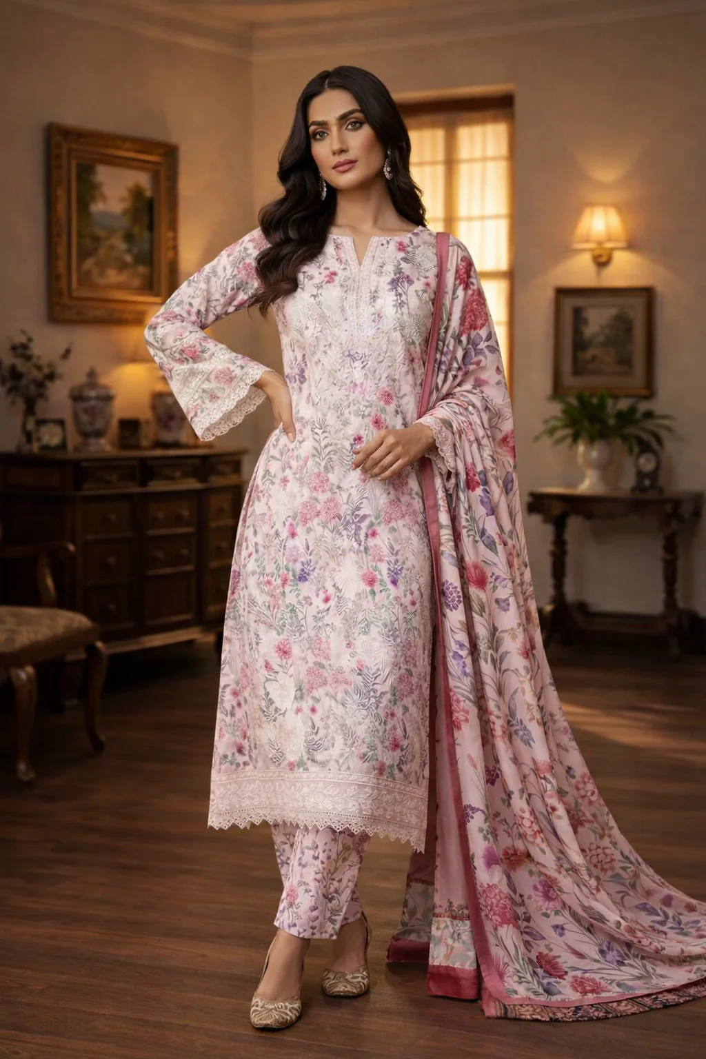 Aneelas Luxury Lawn Printed & Embroidered Unstitched Suit FLORA S-2 - Image 3