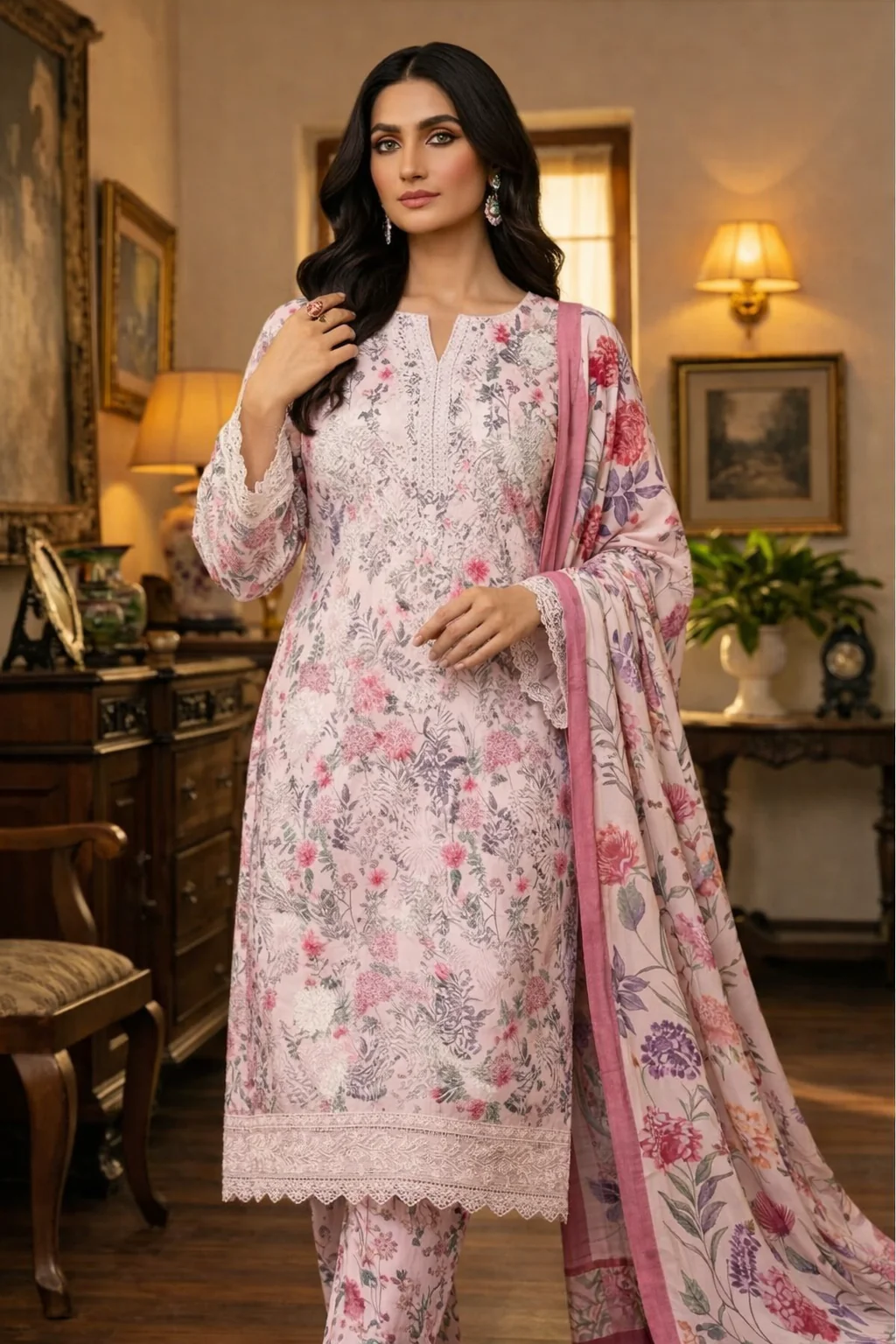 Aneelas Luxury Lawn Printed & Embroidered Unstitched Suit FLORA S-2 - Image 4