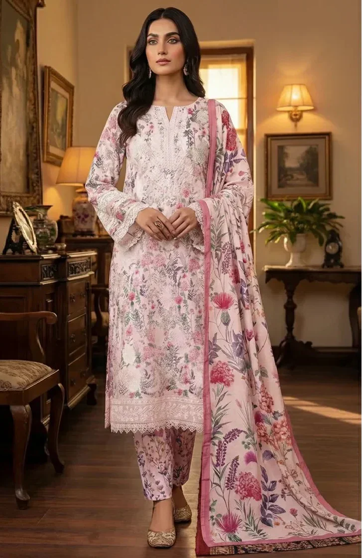 Aneelas Luxury Lawn Printed & Embroidered Unstitched Suit FLORA S-2 - Image 7