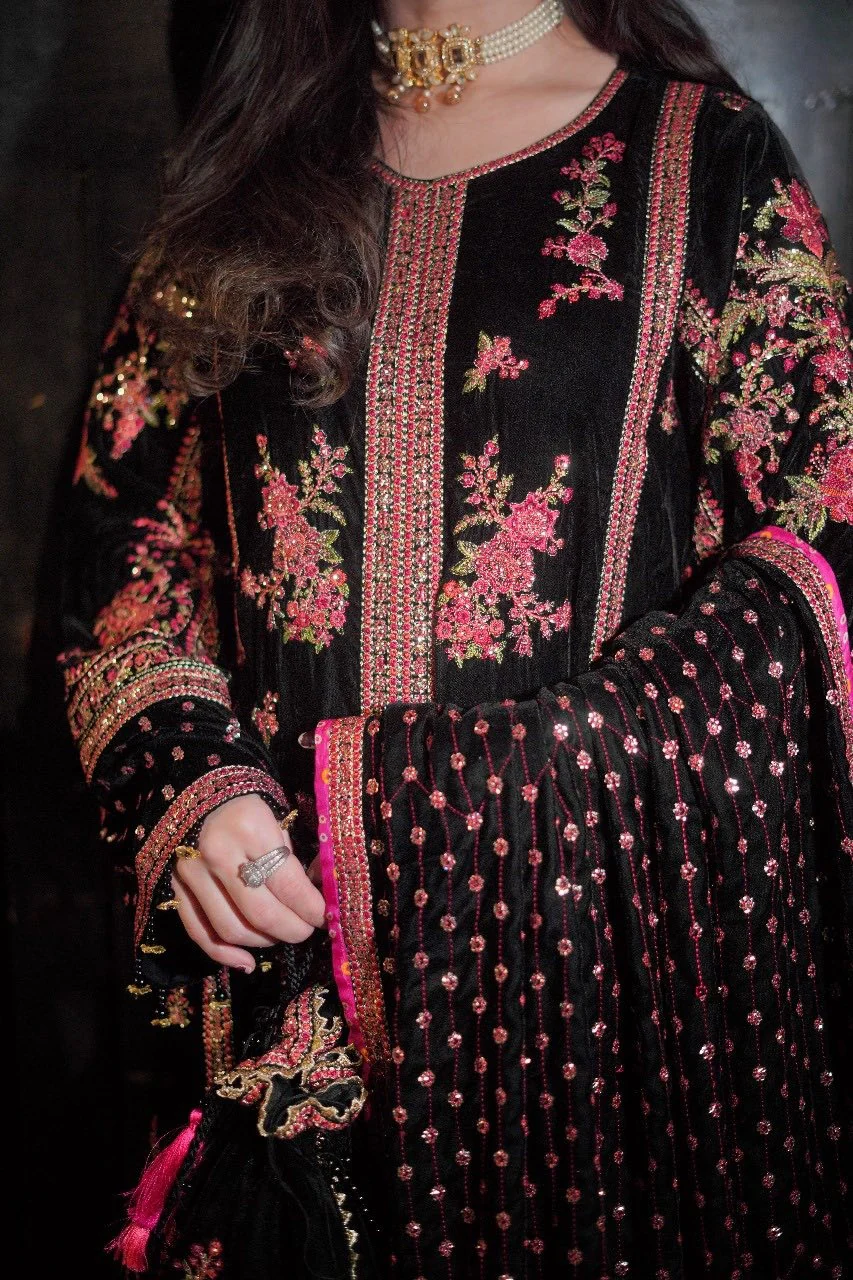 Aneelas Luxury Velvet Suit 3 Piece Unstitched - Oceans - Image 4