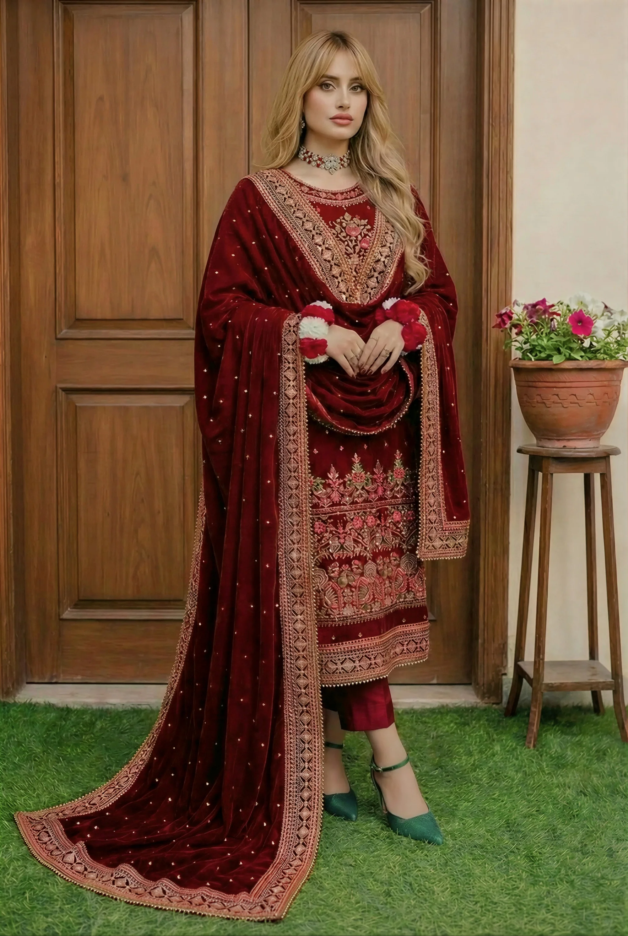 Aneelas Luxury Velvet Unstitched Embroidered Collection with velvet Shawl - Image 3