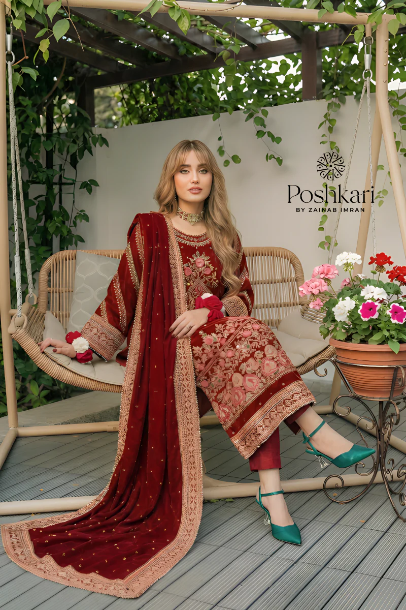 Aneelas Luxury Velvet Unstitched Embroidered Collection with velvet Shawl - Image 4