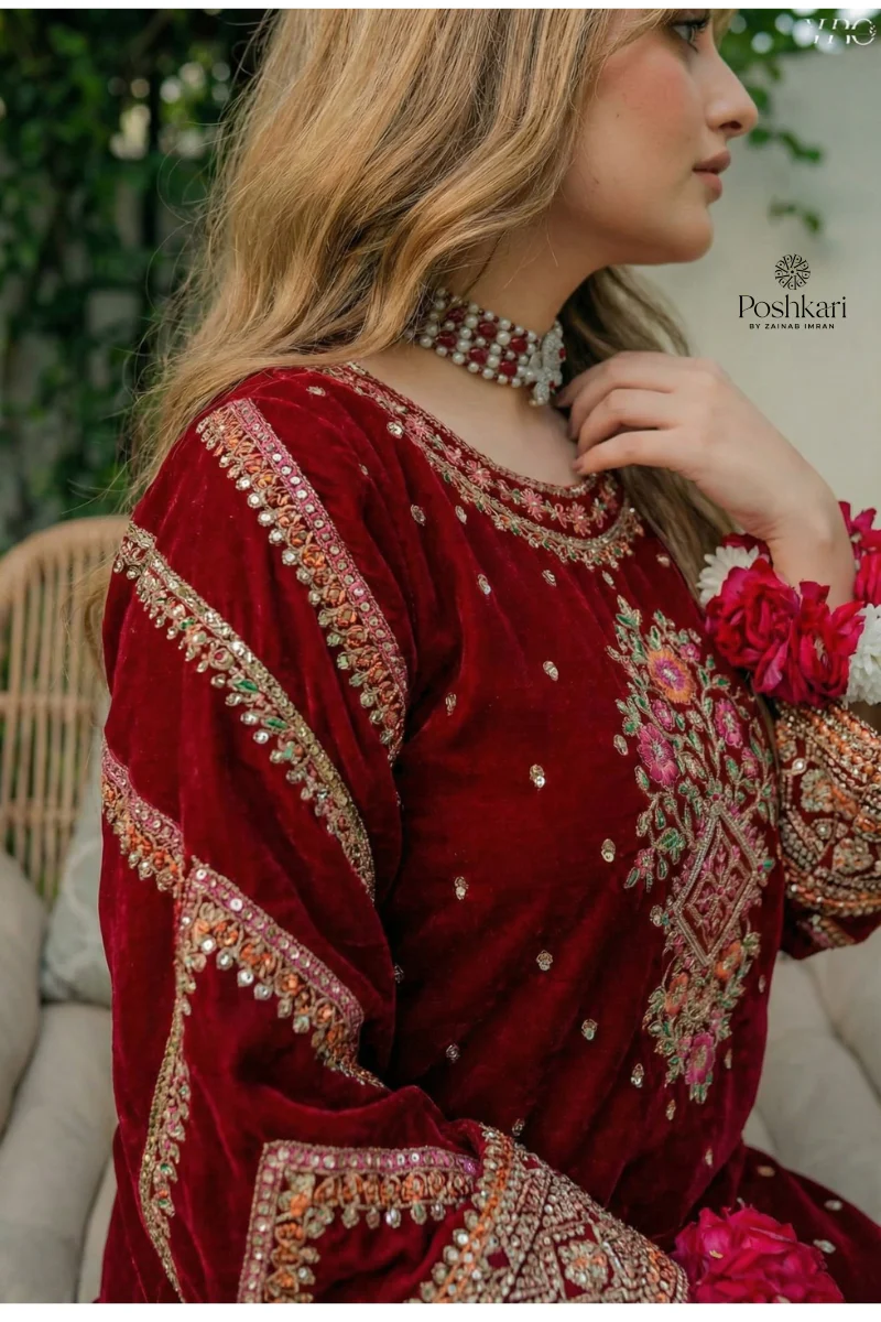 Aneelas Luxury Velvet Unstitched Embroidered Collection with velvet Shawl - Image 6