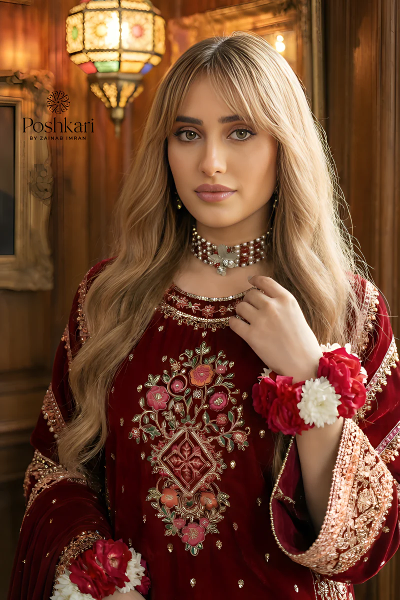 Aneelas Luxury Velvet Unstitched Embroidered Collection with velvet Shawl - Image 7