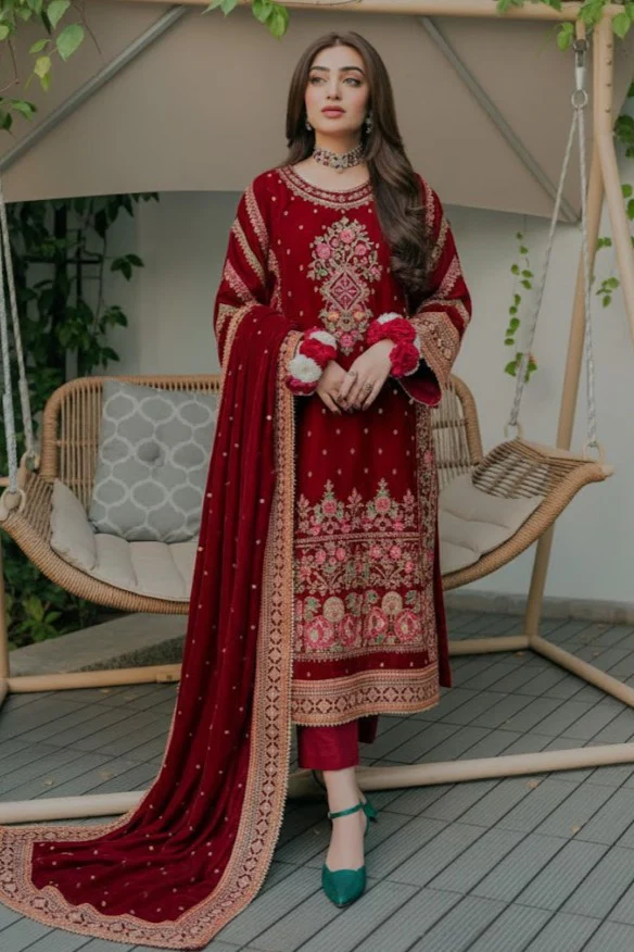 Aneelas Luxury Velvet Unstitched Embroidered Collection with velvet Shawl - Image 8