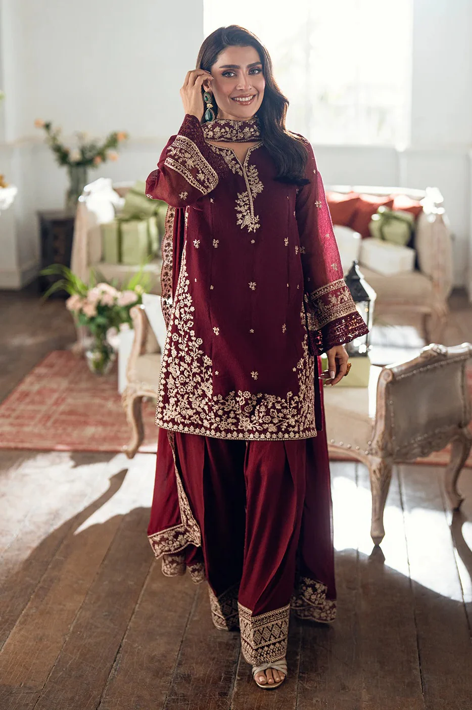 Azure Luxury Chiffon Embroidered 3 Piece Unstitched - Berry Dusk - Image 3