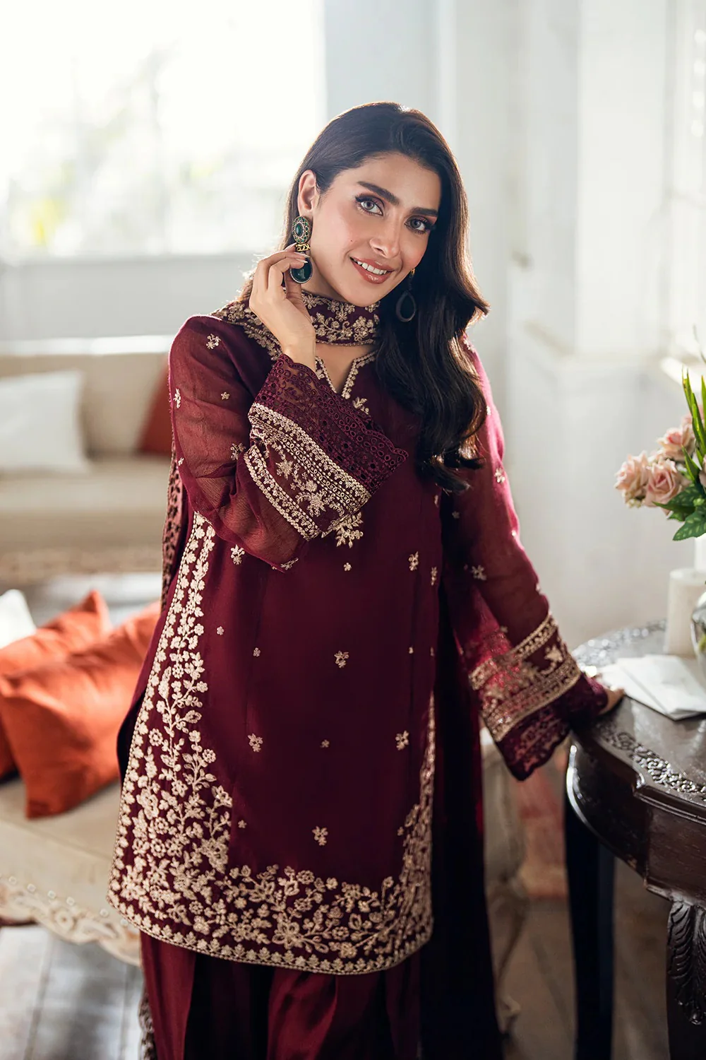Azure Luxury Chiffon Embroidered 3 Piece Unstitched - Berry Dusk - Image 5