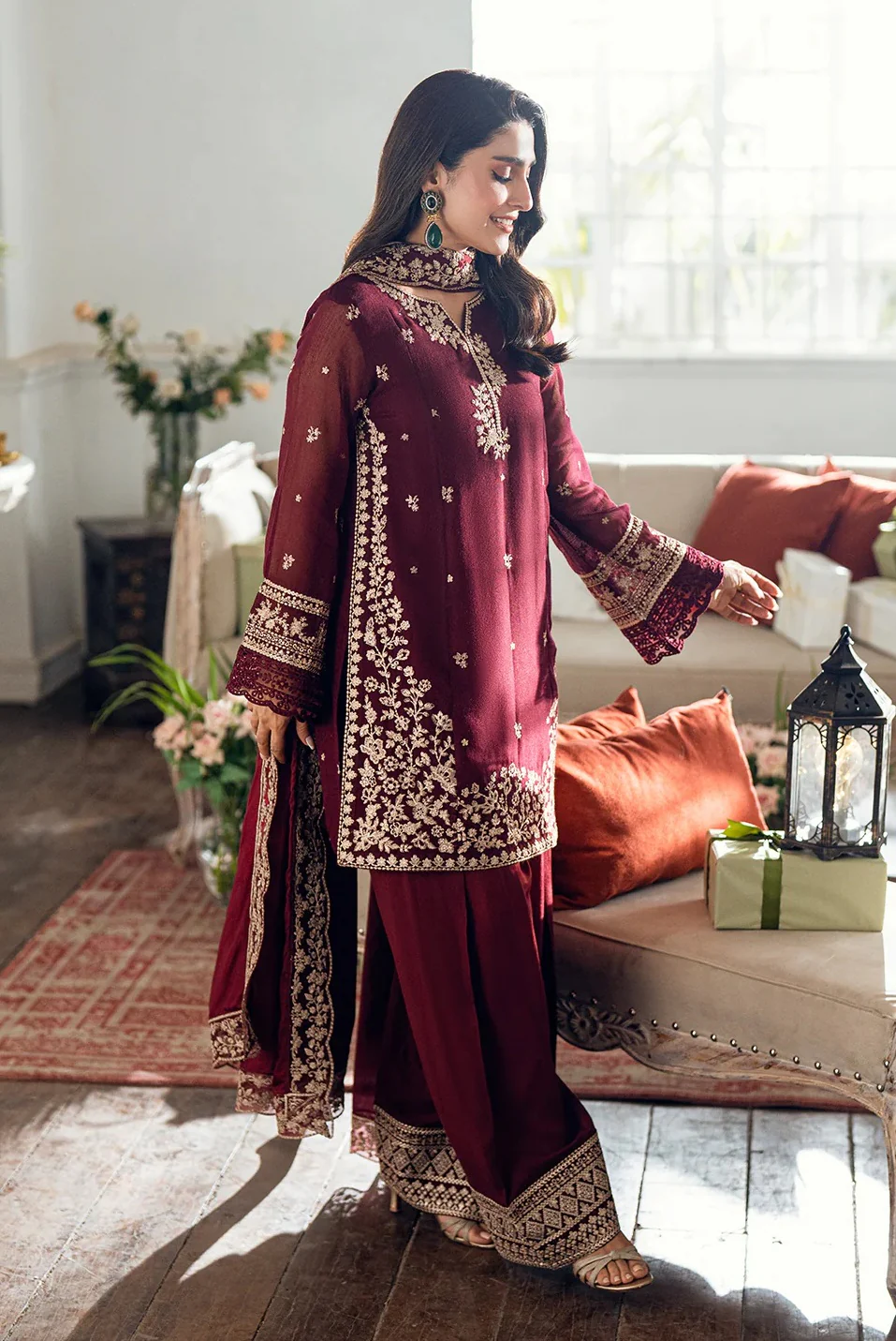 Azure Luxury Chiffon Embroidered 3 Piece Unstitched - Berry Dusk - Image 7