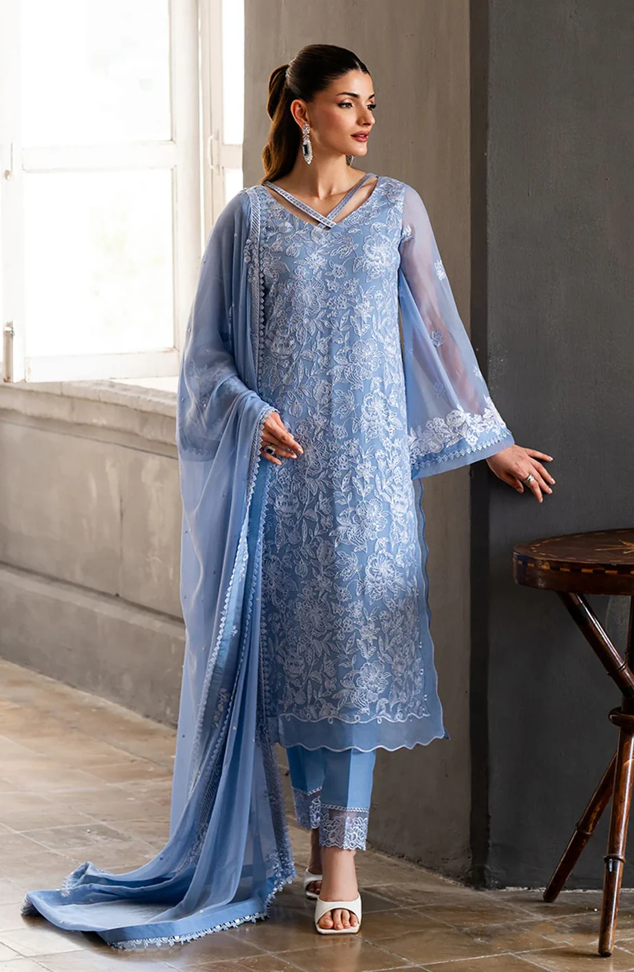 Azure - Luxury Chiffon Embroidered 3 Piece Unstitched - Twilight Ash - Image 3