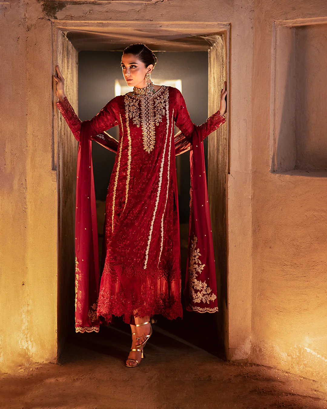 Azure Luxury Chiffon Embroidered Unstitched Collecton Royal Crimson - Image 3