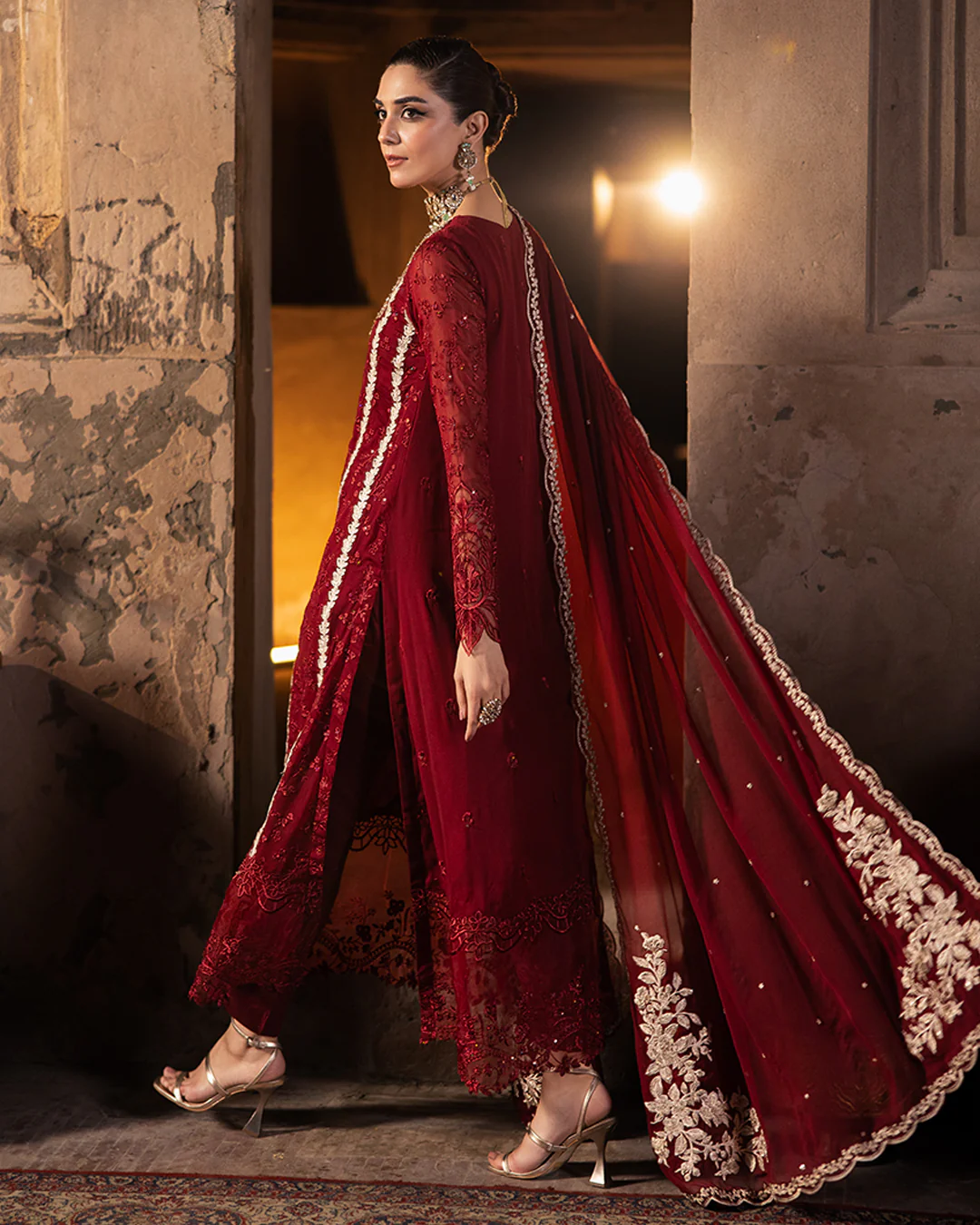 Azure Luxury Chiffon Embroidered Unstitched Collecton Royal Crimson - Image 4