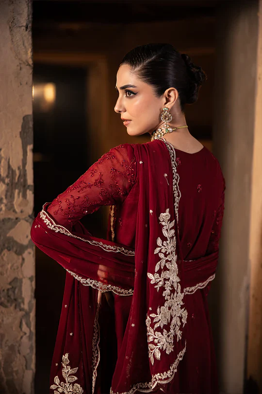 Azure Luxury Chiffon Embroidered Unstitched Collecton Royal Crimson - Image 5