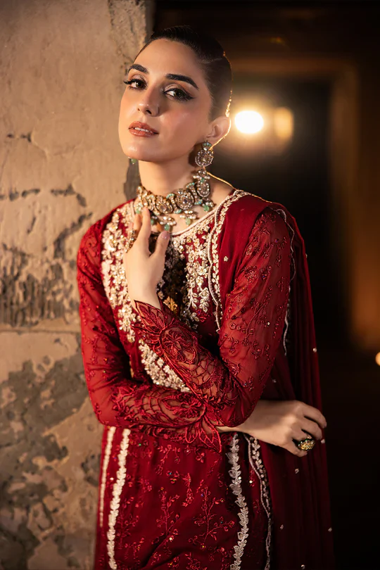 Azure Luxury Chiffon Embroidered Unstitched Collecton Royal Crimson - Image 6