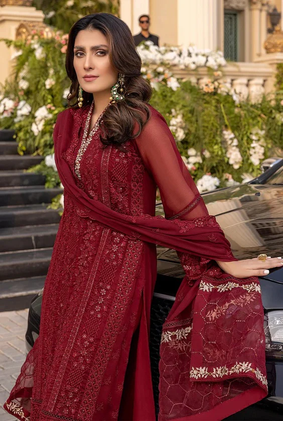 Azure Vibrant Ruby - Luxury Chiffon Embroidered 3 Piece Unstitched - Image 7