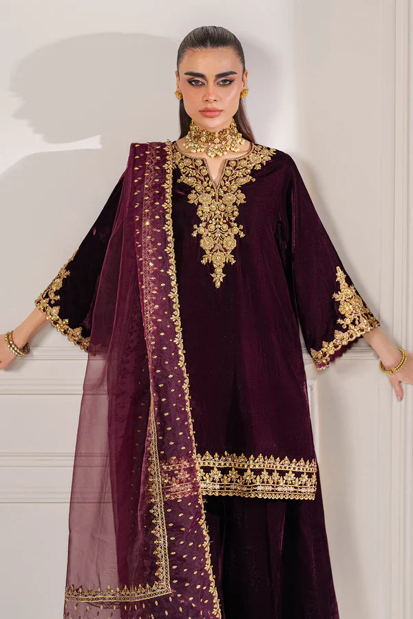 Baroque Formals Luxury Velvet Embroidered Unstitched Collection PR-1023 Maroon - Image 3