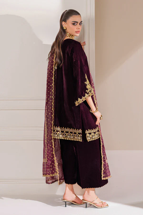 Baroque Formals Luxury Velvet Embroidered Unstitched Collection PR-1023 Maroon - Image 4