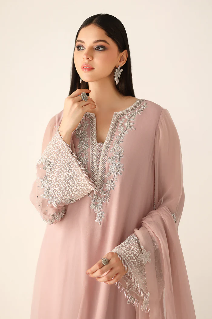 Baroque Luxury Chiffon Embroidered Unstitched Suit PR-1154 Powder Pink - Image 4