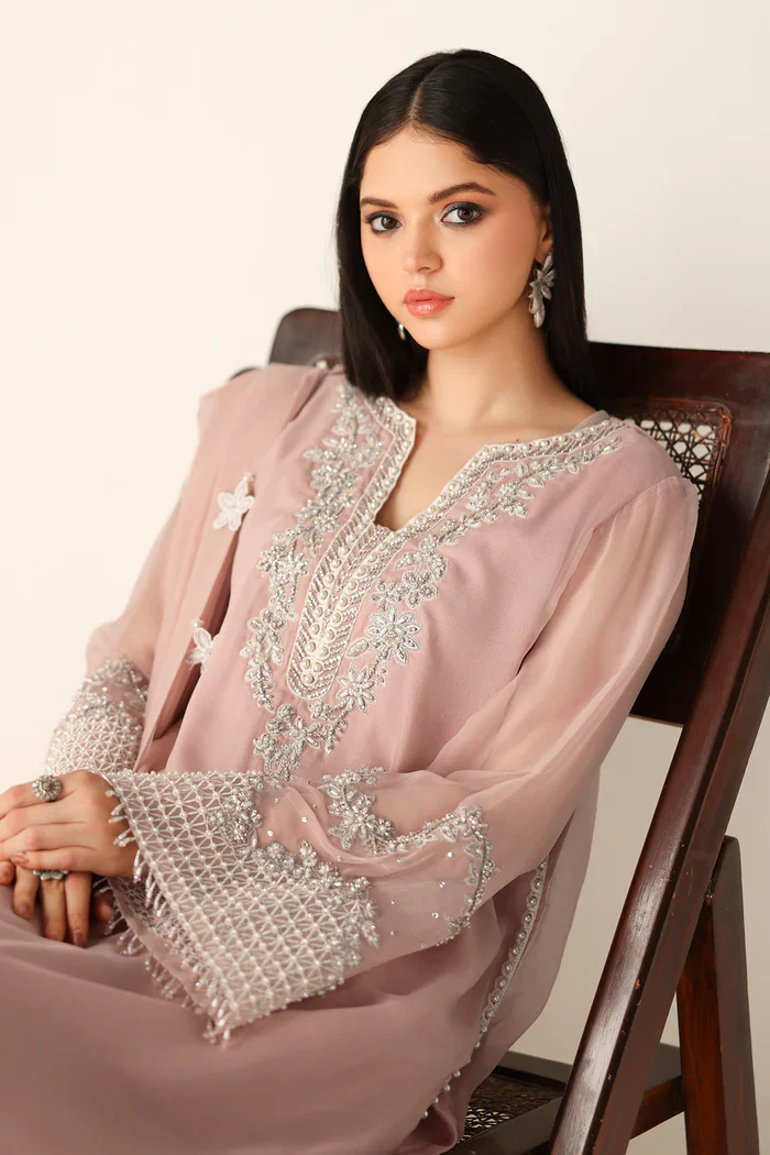 Baroque Luxury Chiffon Embroidered Unstitched Suit PR-1154 Powder Pink - Image 5