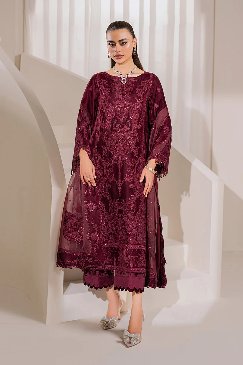 Baroque Luxury Embroidered Velvet Suits 3 Pcs Unstitched UF-758 - Image 3