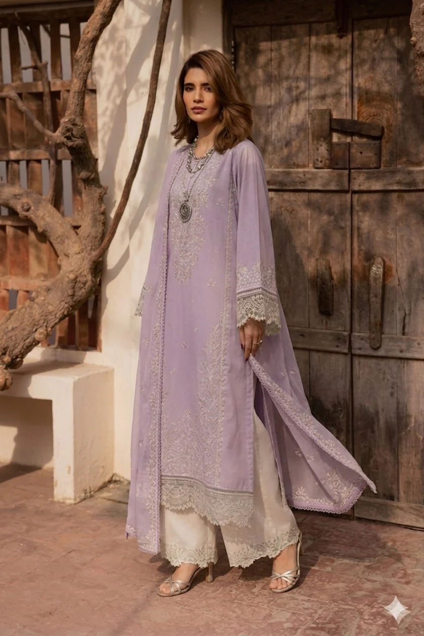 Batik - Luxurious Lawn Embrodiered 3 Piece Unstitched - Lilac - Image 2