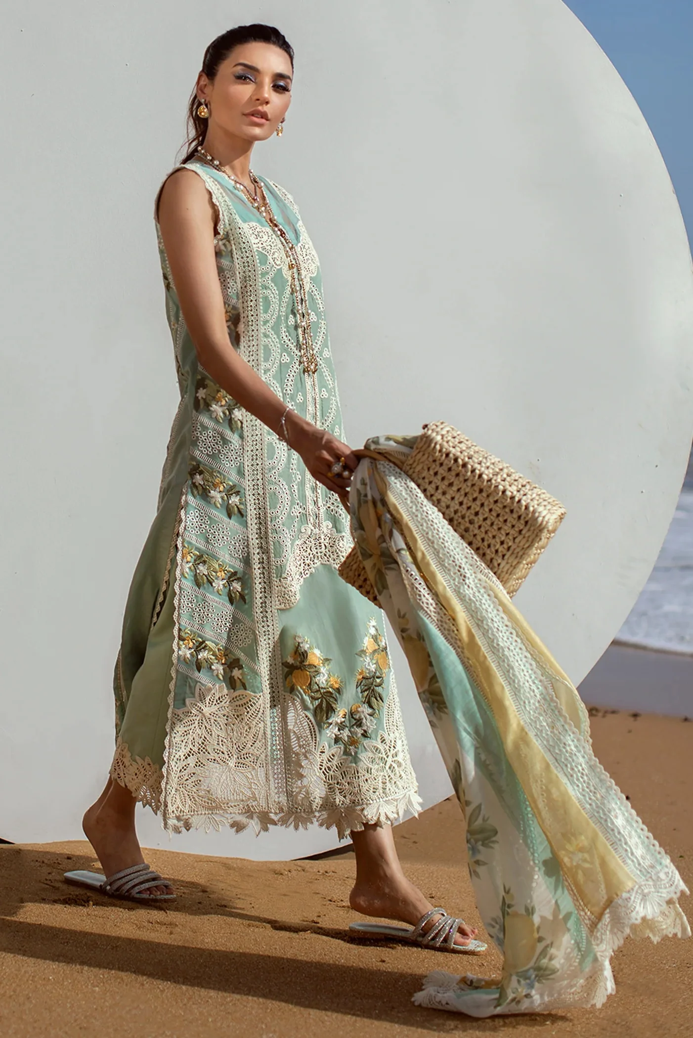 Crimson - Lawn Embroidered 3 Piece Unstitched - Sicilian Summer - 2A - Aqua - Image 4