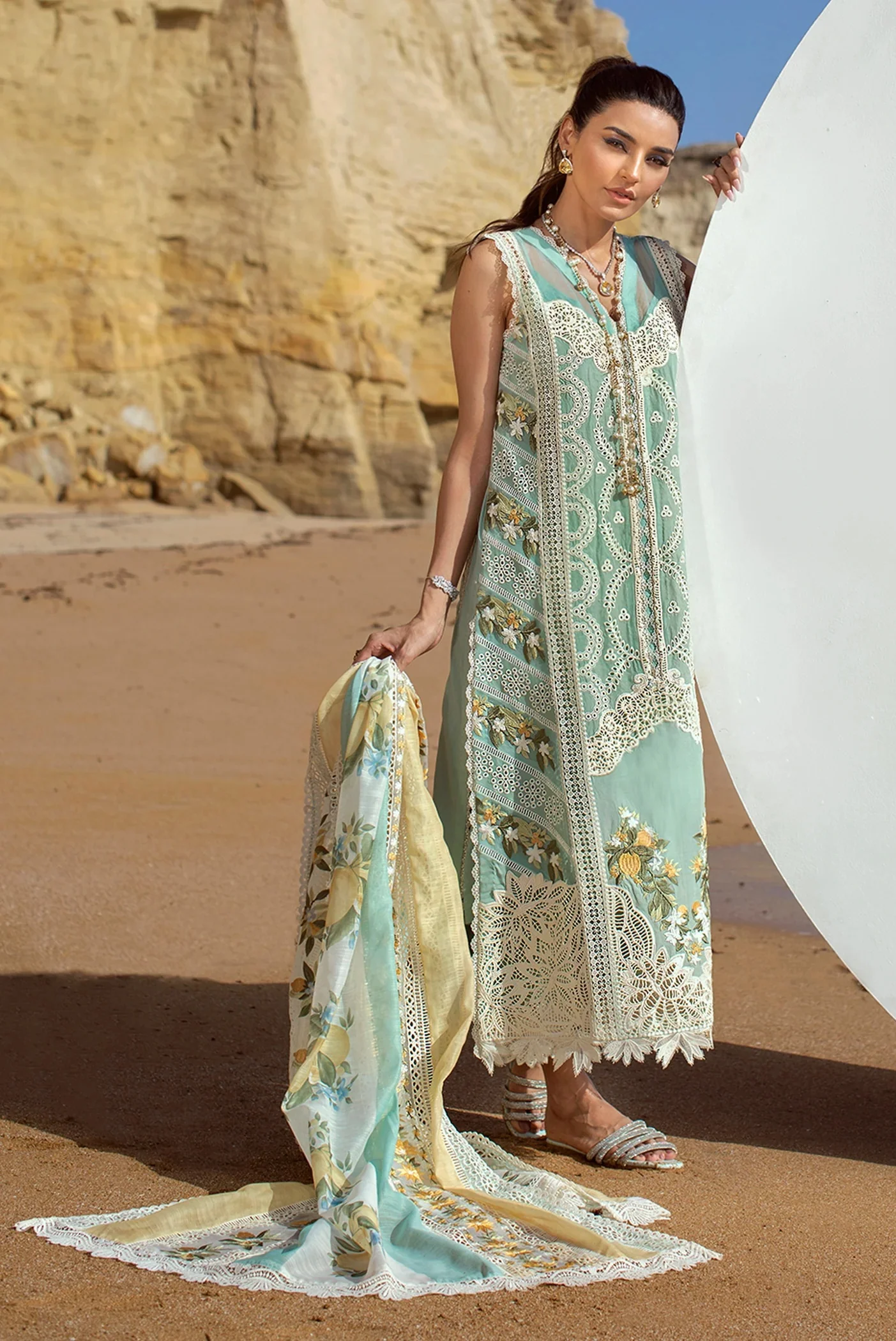 Crimson - Lawn Embroidered 3 Piece Unstitched - Sicilian Summer - 2A - Aqua - Image 5