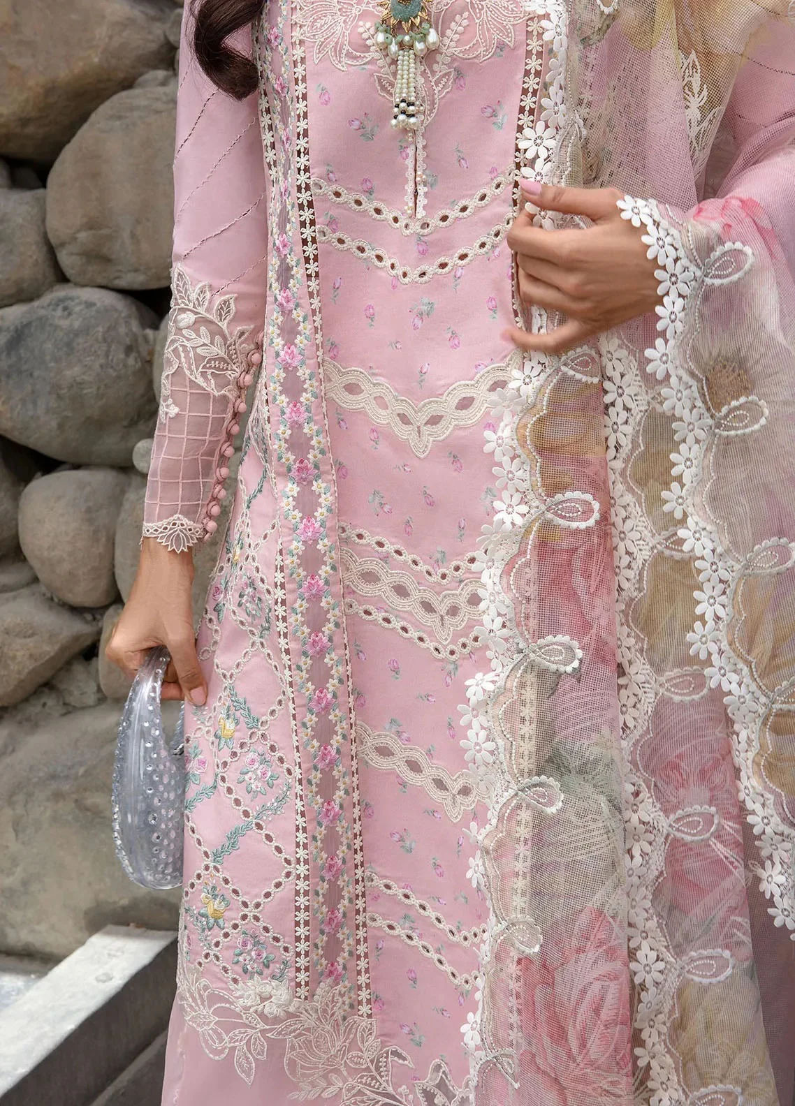 Crimson Luxury Lawn Embroidered 3 Piece Unstitched A Floral Mesh - Rose Pink - Image 3