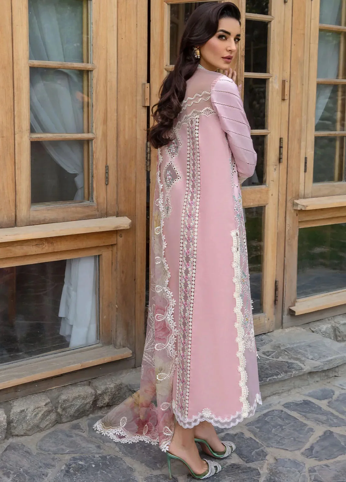 Crimson Luxury Lawn Embroidered 3 Piece Unstitched A Floral Mesh - Rose Pink - Image 4