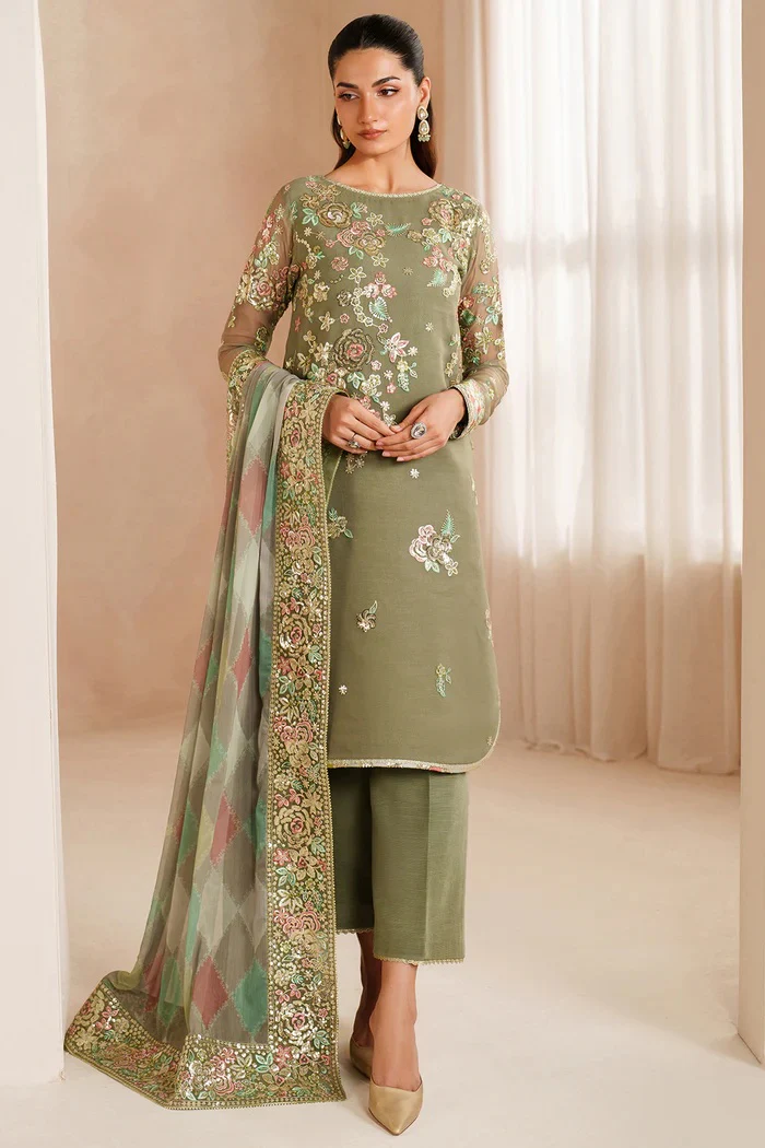 Farasha - Olive Dazzle - Luxury Chiffon Embroidered 3 Piece Unstitched