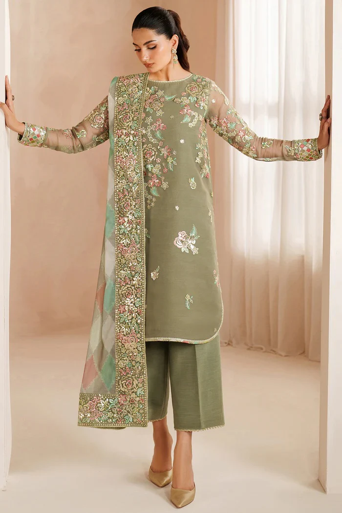Farasha - Olive Dazzle - Luxury Chiffon Embroidered 3 Piece Unstitched - Image 2