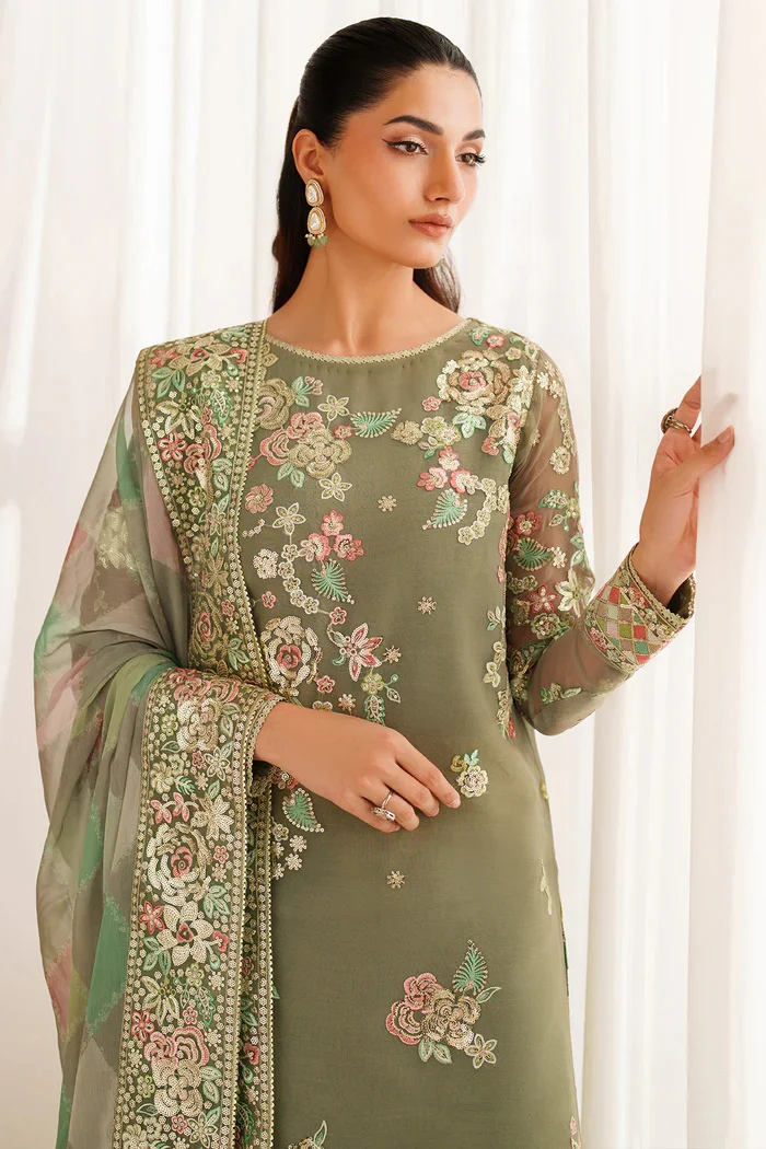 Farasha - Olive Dazzle - Luxury Chiffon Embroidered 3 Piece Unstitched - Image 3