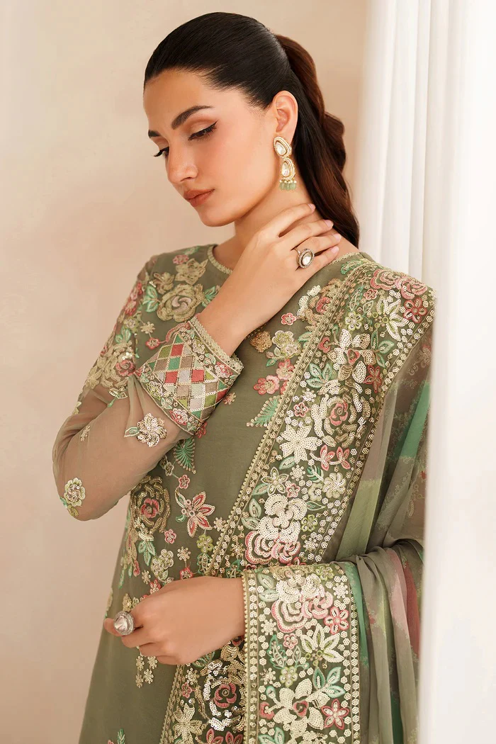 Farasha - Olive Dazzle - Luxury Chiffon Embroidered 3 Piece Unstitched - Image 4