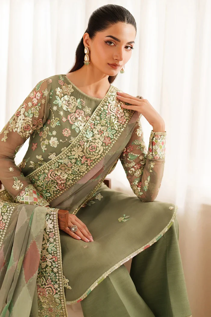 Farasha - Olive Dazzle - Luxury Chiffon Embroidered 3 Piece Unstitched - Image 5