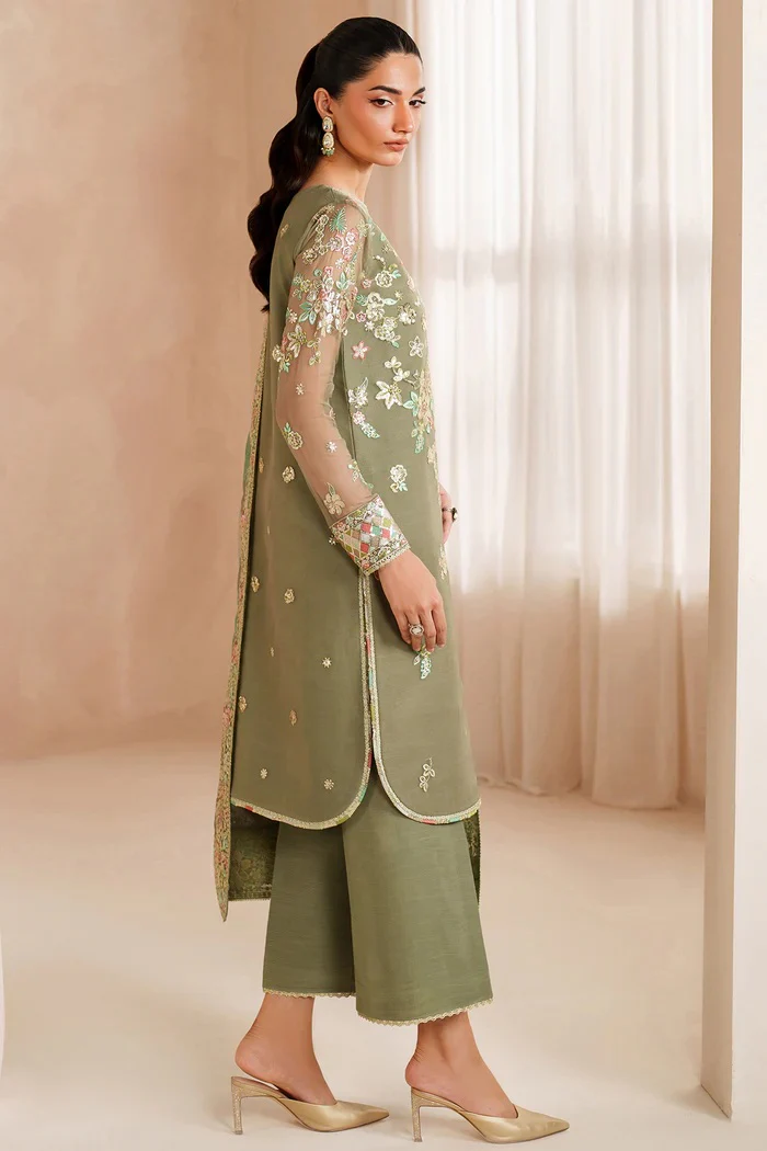 Farasha - Olive Dazzle - Luxury Chiffon Embroidered 3 Piece Unstitched - Image 6