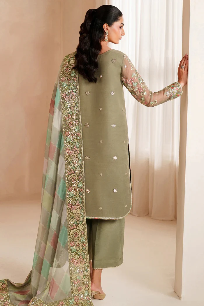 Farasha - Olive Dazzle - Luxury Chiffon Embroidered 3 Piece Unstitched - Image 7