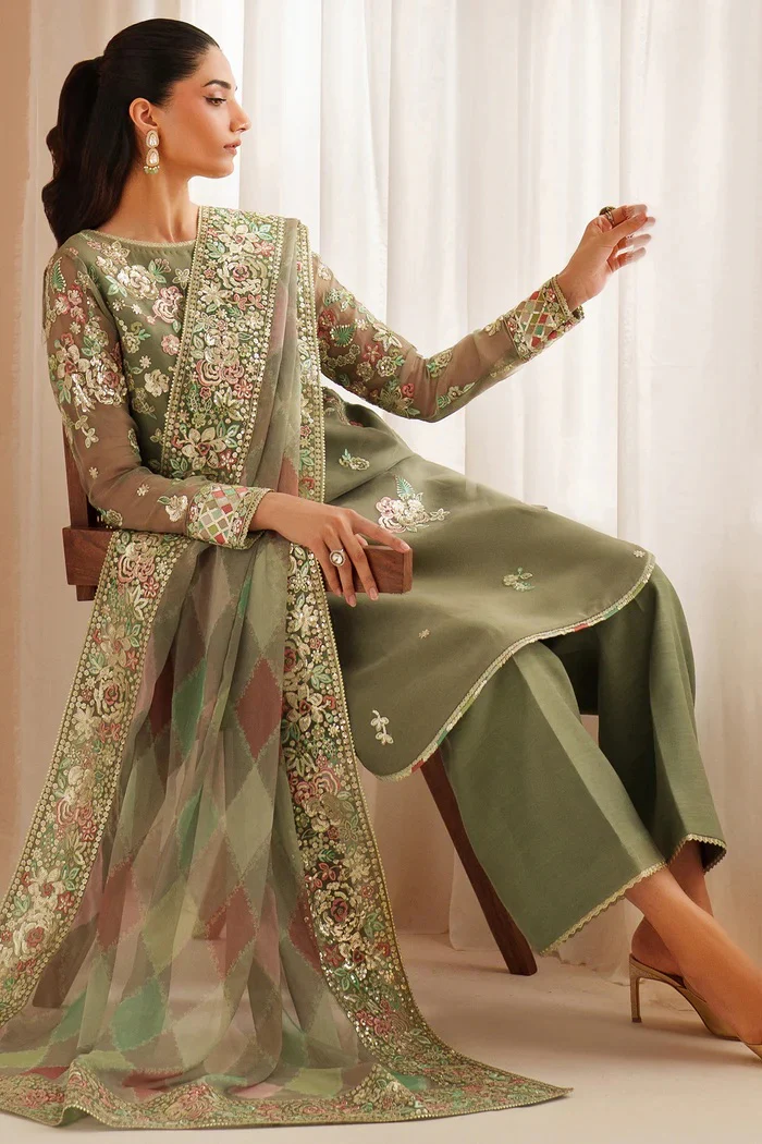 Farasha - Olive Dazzle - Luxury Chiffon Embroidered 3 Piece Unstitched - Image 8