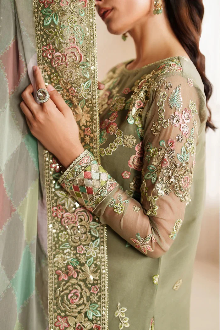 Farasha - Olive Dazzle - Luxury Chiffon Embroidered 3 Piece Unstitched - Image 9