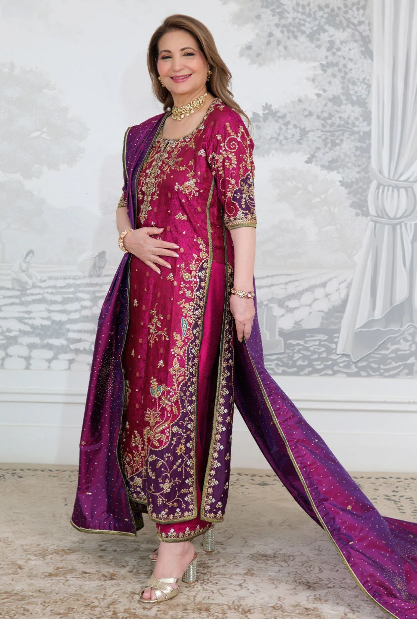 Farha Talib Aziz - Luxury Raw Silk 3 Piece Unstitched Bita Magenta Kurta - Image 2