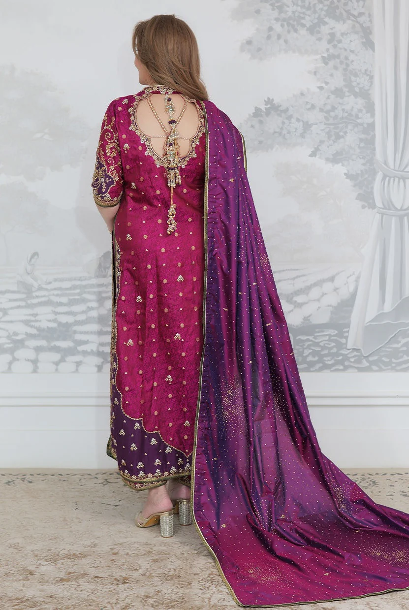 Farha Talib Aziz - Luxury Raw Silk 3 Piece Unstitched Bita Magenta Kurta - Image 5