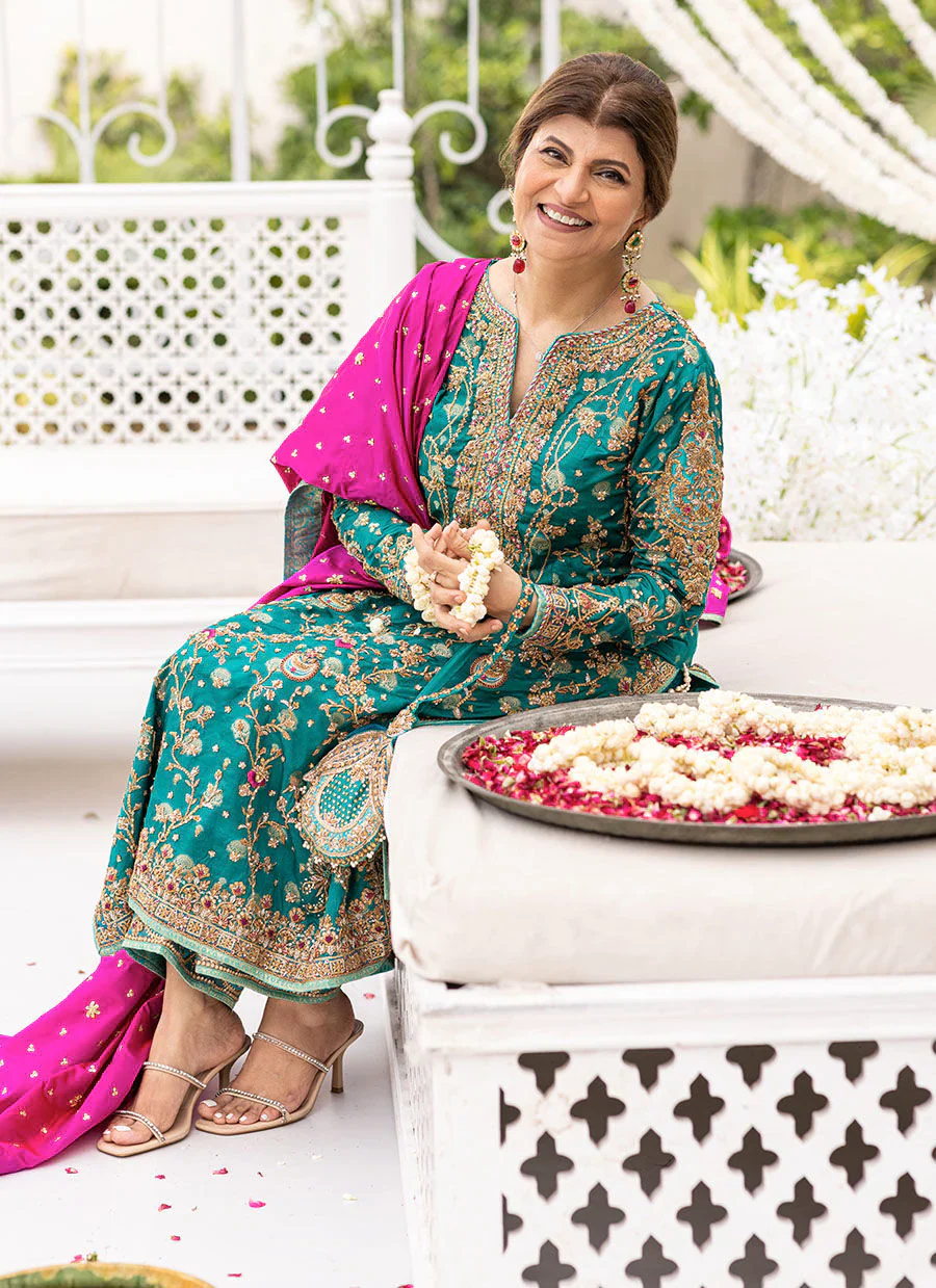 Farha Talib Aziz Wedding Festive Raw Silk Hand Embroidered Collection Unstitched Avisa Emerald Kurta - Image 3