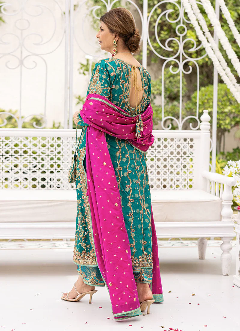 Farha Talib Aziz Wedding Festive Raw Silk Hand Embroidered Collection Unstitched Avisa Emerald Kurta - Image 4