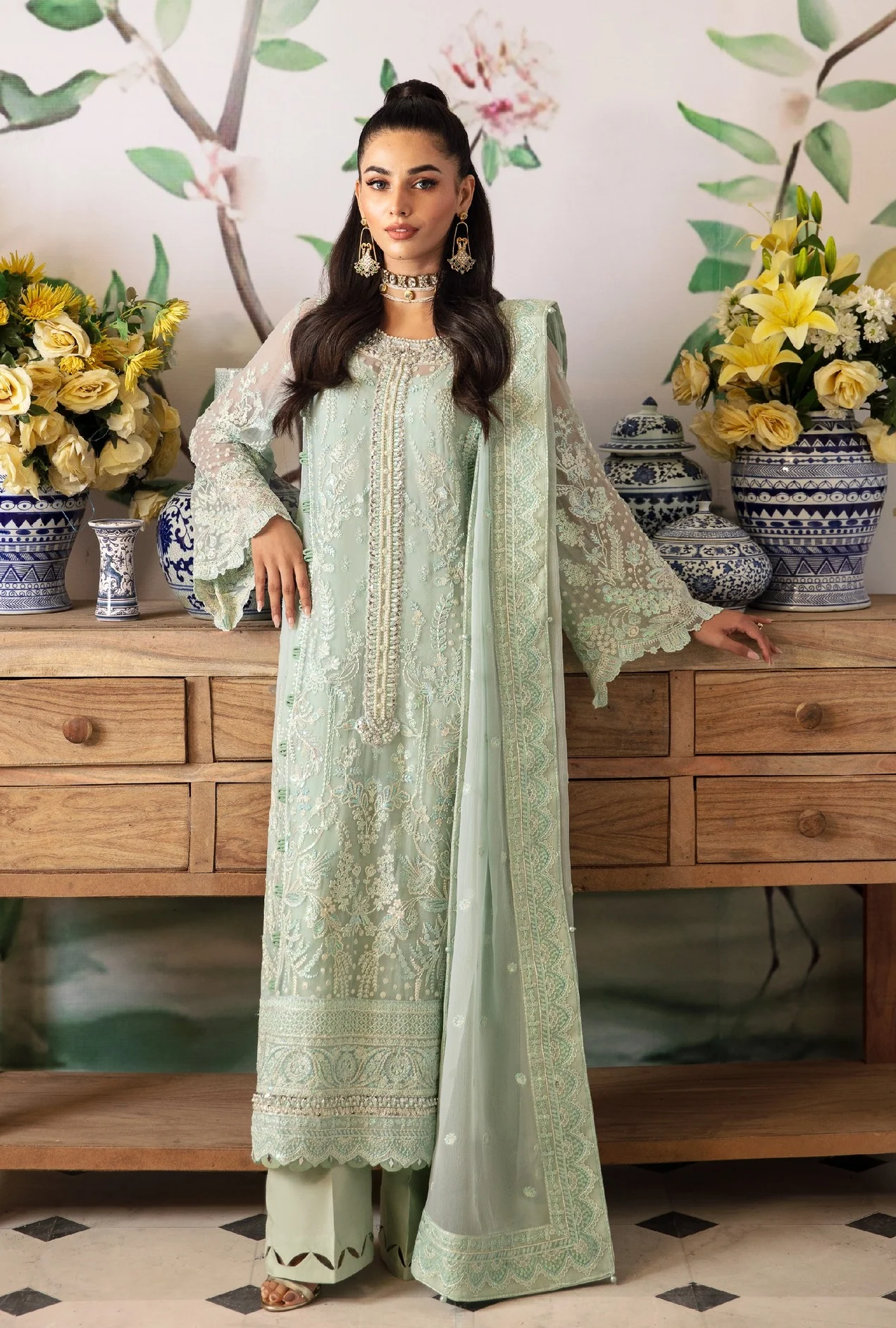 GULAL Luxury Chiffon Embroidered 3 Pc Unstitched 02 Jade Wedding Collection - Image 2