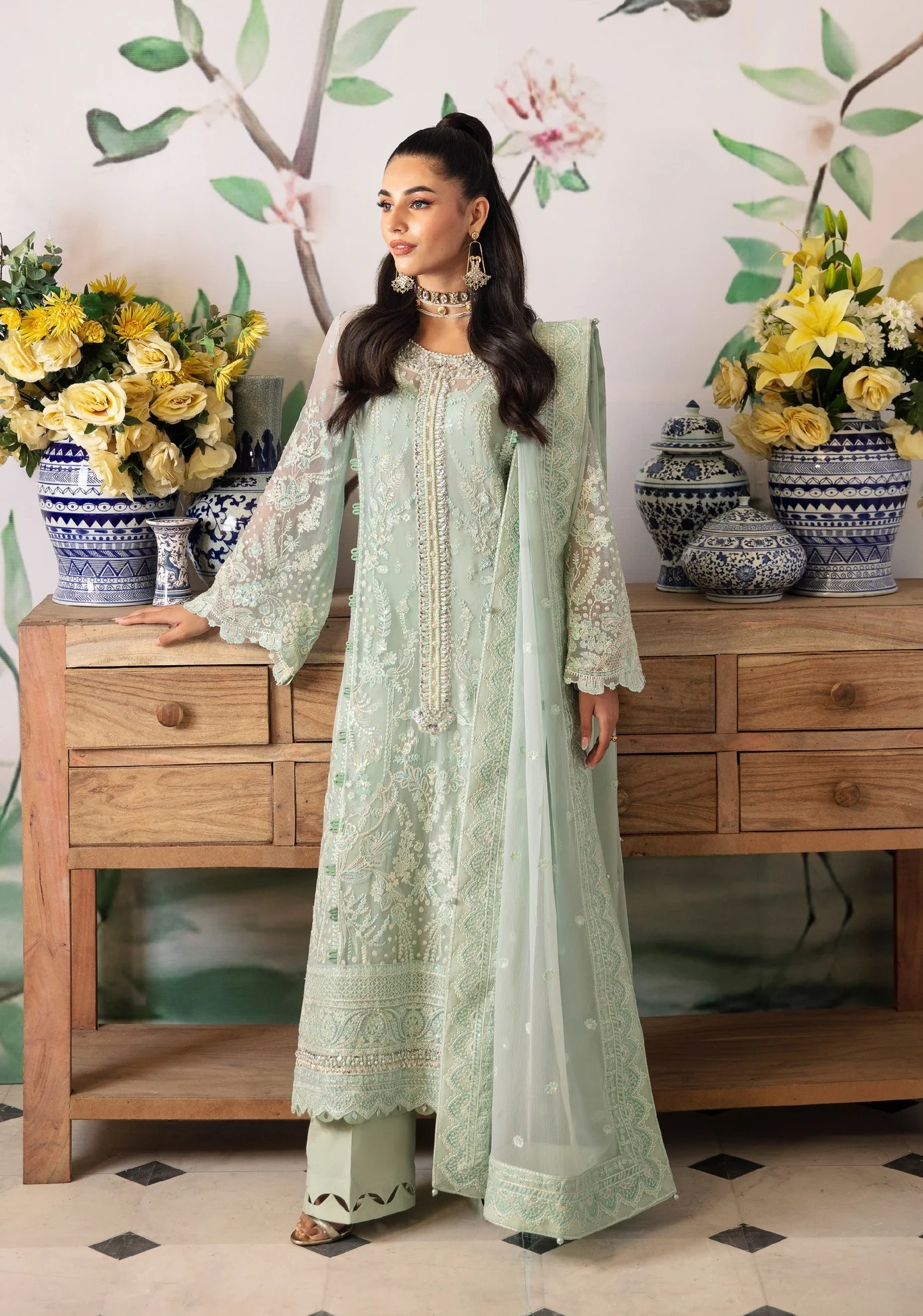 GULAL Luxury Chiffon Embroidered 3 Pc Unstitched 02 Jade Wedding Collection - Image 3